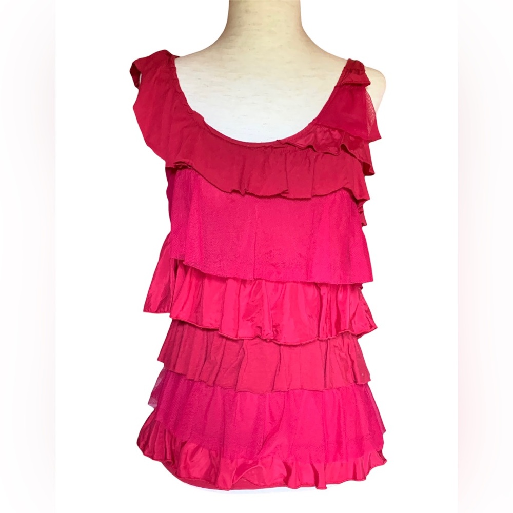 ANTHROPOLOGIE RED TIERED RUFFLE CAMISOLE TOP TANK BLOUSE TULLE COTTON MODAL SM